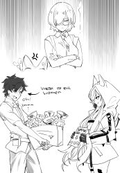 1boy 3girls absurdres anger_vein box breasts crossed_arms das_(dan_dan) fate/grand_order fate_(series) fujimaru_ritsuka_(male) glasses greyscale habetrot_(fate) hair_over_one_eye highres holding holding_box holding_sign holy_grail_(fate) hood hoodie lilith_(fate) lilith_(first_ascension)_(fate) looking_at_viewer mash_kyrielight monochrome multiple_girls saint_quartz_(fate) sign smile sweat twintails