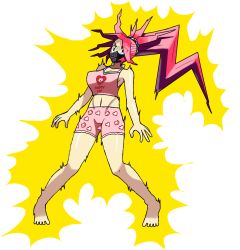 Rule 34 | 1girl, accident, accidental exposure, animal print, armpits, arms at sides, barefoot, black mask, boyshort panties, breasts, camisole, capcom, cat print, cleavage, collarbone, delinquent, electricity, electrocution, english text, eyelashes, feet, female focus, full body, groin, heart, heart print, highres, himezaki aoi, humiliation, justice gakuen, legs, long hair, mask, matching underwear, medium breasts, midriff, moero! justice gakuen, mouth mask, navel, neck, panties, parted bangs, pigeon-toed, pink camisole, pink panties, ponytail, purple eyes, red hair, shiny clothes, shiny skin, sidelocks, spiked hair, thighs, tiptoes, toes, transparent background, tsundere, underwear, underwear only, very long hair, zappy pappy
