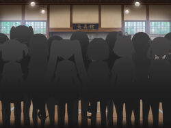 Rule 34 | artist request, audience, blue sky, ceiling light, day, dojo, drum, game cg, indoors, instrument, magia record: mahou shoujo madoka magica gaiden, mahou shoujo madoka magica, no humans, official art, reflective floor, shouji, sign, silhouette, sky, sliding doors, taiko drum, tape, tree, window, wooden floor