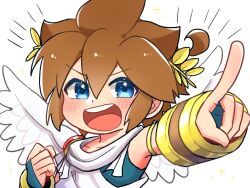 1boy :d ahoge androgynous angel angel_wings blue_eyes blue_undershirt bracer brown_hair chibi chibi_only clenched_hand collarbone double-parted_bangs fingerless_gloves gloves kid_icarus kid_icarus_uprising laurel_crown light_blush nintendo open_mouth perspective pit_(kid_icarus) pointing short_hair sidelocks smile teeth thick_eyelashes undershirt upper_teeth_only v-shaped_eyebrows waffuum white_background white_wings wings