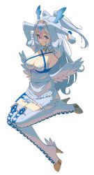 1girl :3 angel angel_wings ankle_wings apron arms_behind_head arms_up blue_bow blue_flower blue_ribbon blue_wings boots bow breast_ribbon breasts brooch chest_bow cleavage closed_mouth collared_shrug colored_shoe_soles commentary criss-cross_straps cross_hair_ornament crossed_bangs dot_nose double-parted_bangs dress dress_bow english_commentary eyebrows_hidden_by_hair feathered_wings floating floating_hair flower frilled_dress frills full_body gloves gold_boots gold_hairband gold_trim hair_between_eyes hair_intakes hair_ornament hairband half-closed_eyes half-skirt half_gloves head_wings highres holding holding_flower indie_virtual_youtuber jewelry juliet_sleeves karassawa lace-up_boots large_breasts layered_dress legs_folded legs_up lilita_laplume long_eyelashes long_hair long_sleeves looking_at_viewer looking_to_the_side low_neckline low_wings mole mole_under_mouth multicolored_boots multicolored_hair parted_hair pink_eyes pink_hair pink_streaks puffy_sleeves raised_eyebrows raised_inner_eyebrows ribbon shoelaces short_dress shrug_(clothing) sidelocks simple_background single_hair_streak smile solo spread_wings thick_eyelashes thigh_boots thigh_strap thighhighs thighs two-tone_boots two-tone_hair two_side_up underbust very_long_hair virtual_graduation_commemoration virtual_youtuber waist_apron waist_ribbon white_apron white_background white_boots white_dress white_gloves white_hair white_shrug white_wings wing_collar wings zettai_ryouiki