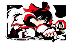 Rule 34 | 1girl, artist name, attack, black hair, clenched hand, clenched teeth, dated, grey eyes, hair ribbon, legs, long hair, looking at viewer, nakoruru, pants, ribbon, samurai spirits, snk, solo, source request, teeth, the king of fighters, thighs, weapon