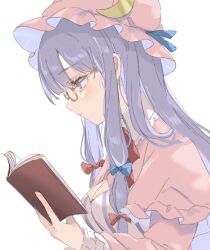 Rule 34 | 1girl, blue bow, book, bow, breasts, cleavage, crescent, crescent hat ornament, dress, frilled hat, frills, hair bow, hat, hat bow, hat ornament, holding, holding book, long hair, long sleeves, mob cap, multiple hair bows, open book, open clothes, open robe, paragasu (parags112), patchouli day, patchouli knowledge, pink hat, pink robe, purple dress, purple eyes, purple hair, reading, red bow, robe, semi-rimless eyewear, sidelocks, simple background, solo, striped clothes, striped dress, touhou, under-rim eyewear, vertical-striped clothes, vertical-striped dress, white background, white dress, yellow-framed eyewear
