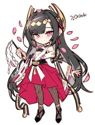 1girl absurdres black_hair blush cherry_blossoms fishnet_pantyhose fishnets full_body girls&#039;_frontline girls&#039;_frontline_neural_cloud godgamesc2 gohei highres kimie_(neural_cloud) long_hair looking_at_viewer nontraditional_miko pantyhose pink_eyes smile solo very_long_hair