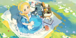 1girl absurdres alternate_costume arm_support black_shoes blonde_hair blue_bow blue_dress blue_hairband book bow braid cake cake_slice closed_mouth commentary creature_on_lap dress elf food fork from_above grass green_eyes hair_bow hairband highres looking_at_viewer looking_up mary_janes nintendo open_book outdoors parted_bangs picnic picnic_basket picnic_blanket pointy_ears princess_zelda shadow shoes short_sleeves sitting smile solo symbol-only_commentary teapot the_legend_of_zelda the_legend_of_zelda:_breath_of_the_wild yumiyumo3o