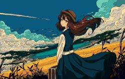 1girl artdroiiid_ii belt blue_dress blue_sky bowler_hat briefcase brown_eyes brown_hair brown_hat closed_mouth cloud cloudy_sky commentary cowboy_shot day double-parted_bangs dress dutch_angle english_commentary flat_color floating_clothes floating_hair from_behind hat highres hill holding holding_briefcase lake ligne_claire long_dress long_hair looking_at_viewer looking_back original outdoors plain scenery shirt sky smile split_mouth standing turning_head white_belt white_shirt wind wind_lift