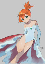 asymmetrical_hair breasts cosplay creatures_(company) dress game_freak gen_1_pokemon goldeen goldeen_(cosplay) green_eyes grey_background gym_leader hair_between_eyes hair_tie highres kikuyoshi_(tracco) legs misty_(pokemon) nintendo orange_hair pokemon pokemon_(anime) pokemon_(classic_anime) pokemon_ep043 ponytail short_hair side_ponytail simple_background