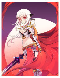1girl armor belt bikini_armor black_gloves black_thighhighs black_wings border breasts brown_belt cape cleavage closed_mouth commentary cowboy_shot cross_of_prontera demon_wings english_commentary expressionless gloves head_wings holding holding_sword holding_weapon izumi_k_rukawa long_hair looking_at_viewer low_ponytail medium_breasts navel pelvic_curtain ponytail purple_background ragnarok_online red_cape red_eyes revision rune_knight_(ragnarok_online) solo spiked_gauntlets spiked_pauldrons sword thighhighs weapon white_border white_hair wings