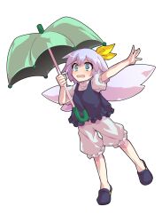 1girl alphes_(style) blue_eyes blue_shoes blue_vest blush commentary_request commission dairi fairy_wings full_body furrowed_brow green_umbrella grey_hair holding holding_umbrella large_variant_set open_mouth outstretched_arm parody rain_fairy ribbon shirt shoes short_hair short_sleeves shorts skeb_commission solo style_parody tachi-e tears touhou transparent_background umbrella variant_set vest white_shirt white_shorts wings yellow_ribbon