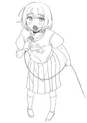 1girl :o blush cable clothes_writing collarbone commentary full_body futsuu_no_keion-bu greyscale highres holding holding_cable holding_microphone leaning_forward lineart microphone monochrome nitta_tamaki open_mouth pemomonn pleated_skirt print_shirt shirt shoes short_hair short_sleeves skirt socks solo standing sweat t-shirt teeth