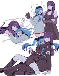 Rule 34 | 2girls, :d, absurdres, alternate hairstyle, amemiya darumi, armband, bare shoulders, belt, black boots, black choker, black hair, blanket, blue hair, blush stickers, boots, bow, bow hairband, choker, collar, drooling, earrings, eyeliner, face piercing, glasses, gloves, hair bow, hair ornament, hairband, highres, holding, holding leash, jewelry, last defense academy school uniform, leash, long hair, looking ahead, looking at another, loving aura, makeup, multicolored hair, multiple girls, multiple views, open mouth, pajamas, piercing, pillow, pink eyes, pleated skirt, purple hair, red collar, red eyeliner, red eyes, roots (hair), safety pin, school uniform, shizuhara hiruko, simple background, skirt, sleeping together, smile, speech bubble, teeth, the hundred line -last defense academy-, twintails, under covers, upper teeth only, white background, white belt, yuri, zuzuko