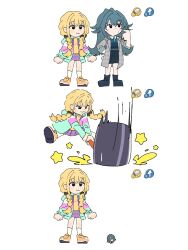 2girls 3koma alienalienp blonde_hair chibi comic fujita_kotone gakuen_idolmaster gameplay_mechanics hammer heads-up_display idolmaster mario_&amp;_luigi_rpg mini_person multiple_girls parody tsukimura_temari user_interface