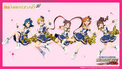 5girls anniversary bandai_namco belt blue_hair blue_skirt boots bow brown_hair bug butterfly buttons copyright_name copyright_notice english_text floating frilled_skirt frills fukuda_noriko hair_bow highres idol_clothes idolmaster idolmaster_million_live! idolmaster_million_live!_theater_days insect layered_skirt matsuda_arisa multiple_girls nanao_yuriko official_art one_eye_closed open_mouth orange_hair pink_background plaid_clothes purple_eyes red_eyes red_hair side_ponytail skirt star_(symbol) twintails wrist_cuffs yabuki_kana yellow_eyes yokoyama_nao
