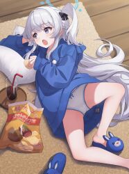 1girl alternate_costume bag_of_chips blue_archive blue_halo blue_hoodie blue_trimmed_panties bow bow_panties chips_(food) cola cup drinking_glass drinking_straw food hair_spread_out halo highres holding holding_food hood hood_down hoodie indoors long_hair long_sleeves lying miyako_(blue_archive) miyako_(young)_(blue_archive) no_pants on_side one_side_up open_mouth panties pillow potato_chips purple_eyes ripnte solo trimmed_panties underwear white_hair white_panties