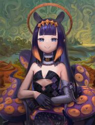 1girl black_dress blunt_bangs choker detached_sleeves diamond_hairband dress fine_art_parody fur-trimmed_choker fur_trim gradient_hair highres hololive hololive_english holomyth laaaw444 mole mole_under_eye mona_lisa multicolored_hair ninomae_ina&#039;nis ninomae_ina&#039;nis_(1st_costume) parody pointy_ears purple_hair single_detached_sleeve smile smug solo strapless strapless_dress tentacle_hair tentacles tube_dress virtual_youtuber