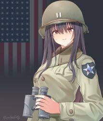 1girl absurdres american_flag american_flag_background artist_name binoculars brown_scarf buttons closed_mouth coat combat_helmet commentary double-breasted flag_background green_coat green_hat hair_between_eyes hat helmet highres holding holding_binoculars invasion_of_normandy leochan1202 long_hair long_sleeves looking_at_viewer m1_helmet military military_rank_insignia military_uniform original patch purple_hair red_eyes scarf shoulder_patch solo unit_patch united_states_army upper_body world_war_ii
