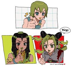 3girls alligator aqua_eyes aqua_overalls black_hair black_tank_top blood blood_on_clothes blood_on_hands bloody_tears braid brown_cloak brown_eyes brown_hair bun_with_braided_base cloak cone_hair_bun crocodilian dark-skinned_female dark_skin double_bun dreadlocks english_text ermes_costello facial_mark foo_fighters_(jojo) forehead_tattoo fu_r_y green_eyes green_hair green_lips green_vest grid_background hair_bun highres jojo_no_kimyou_na_bouken kuujou_jolyne medium_hair multicolored_hair multiple_girls nosebleed overalls red_background short_hair smile speech_bubble sticker stone_ocean sweatdrop sweater tank_top thumbs_up two-tone_hair vest yellow_background yellow_lips yellow_sweater