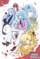 2023 6+boys absurdres androgynous arm_up armor bishounen black_ribbon blonde_hair blue_eyes blue_flower blue_hair blue_rose book casual coat collared_shirt dated dual_persona floating_scarf flower from_behind gold_armor gold_cloth gold_saint green_eyes green_hair hair_flower hair_ornament hair_over_one_eye half-closed_eyes hand_on_own_chin hand_on_own_head hand_up happy_birthday high_heels highres holding holding_book holding_flower in-franchise_crossover invisible_chair lipstick long_hair long_scarf long_sleeves looking_at_viewer low_ponytail luode makeup male_focus mole mole_under_eye multicolored_eyes multiple_boys neck_ribbon official_alternate_costume pants parted_lips petals pink_lips pink_shirt pisces_albafica pisces_amor pisces_aphrodite pisces_cardinale pisces_lugonis ponytail profile purple_flower purple_rose purple_scarf red_flower red_hair red_petals red_rose ribbon ringlets rose rose_petals saint_seiya saint_seiya:_legend_of_sanctuary saint_seiya:_next_dimension saint_seiya:_the_lost_canvas saint_seiya_omega scarf shirt short_hair sideways_glance sitting smile solo_focus trait_connection trap white_background white_flower white_pants white_rose yellow_eyes