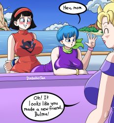 1girl 2futa arm_behind_back black_hair blonde_hair blue_eyes blue_hair blush breast_press breasts bulma clothed_sex clothes diabolussex dragon_ball dragon_ball_super ear_piercing embarrassed english_text futa_with_futa futanari green_scarf highres huge_breasts implied_futanari large_breasts mature_female medium_hair multiple_futa panchy piercing scarf sex sex_from_behind short_hair smile speech_bubble standing standing_sex videl