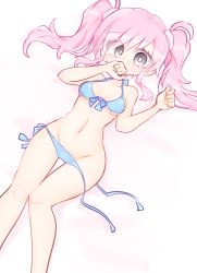 1girl aisaka_isako asura_cryin&#039; bikini black_eyes blue_bikini breasts bright_pupils cleavage clenched_hand collarbone looking_at_viewer lying medium_breasts midriff navel on_back pink_hair sahara_hikari solo swimsuit white_pupils