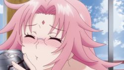 animated animated_gif arahabaki_nonko beer_can blush bouncing_breasts breasts can closed_eyes drink_can drunk female_focus forehead_jewel glasses hanging_breasts large_breasts long_hair nipples panties pink_hair sagging_breasts topless_female underwear yuragisou_no_yuuna-san
