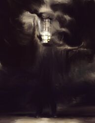 1boy absurdres arm_up black_shoes bloodborne fawnrelic fog full_body glowing highres male_focus mensis_cage micolash_host_of_the_nightmare monochrome oil_painting_(medium) outstretched_arms painting_(medium) pants robe shoes solo spread_arms standing torn_clothes traditional_media
