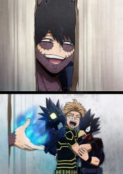 0ksiri0 3boys animal_head beak bird_boy black_hair blonde_hair blue_eyes blue_fire boku_no_hero_academia breaking broken_door burn_scar crazy_smile dabi_(boku_no_hero_academia) dark_shadow door evil_smile facial_hair feathered_wings fire hawks_(boku_no_hero_academia) here&#039;s_johnny!_(meme) highres hole_in_wall male_focus meme multiple_boys open_mouth panicking parody scar scared scene_reference screaming smile spiked_hair stubble tokoyami_fumikage umbrakinesis wings