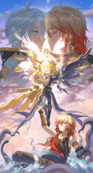 2boys absurdres age_comparison alternate_form antenna_hair armlet armor asymmetrical_wings bare_pectorals black_pants black_shirt black_wings blonde_hair blue_eyes chinese_commentary clawed_gauntlets closed_eyes commentary_request cracked_skin earrings gold_earrings gold_necklace gradient_hair hair_between_eyes halo halo_behind_head highres honkai:_star_rail honkai_(series) jewelry looking_at_another male_focus material_growth medium_hair multicolored_hair multiple_boys mydei_(a_trail_of_bygone_blood)_(honkai:_star_rail) mydei_(honkai:_star_rail) necklace pants parted_bangs parted_lips pauldrons pectorals phainon_(honkai:_star_rail) profile red_hair shirt short_hair shoulder_armor single_pauldron sleeveless sleeveless_shirt tentacles torn_clothes torn_shirt white_hair wings yaoi yellow_blood yellow_eyes yellow_wings yinghuacanluo