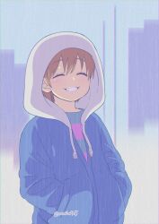 Rule 34 | 1other, :d, ^ ^, anime coloring, backlighting, blue jacket, blue shirt, blue sky, brown hair, building, closed eyes, commentary request, cosplay, drawstring, facing viewer, film grain, frisk (undertale), grin, hair between eyes, hands in pockets, highres, hood, hood up, hooded jacket, jacket, naoki (oosuko), open mouth, other focus, outdoors, partially unzipped, pink shirt, pixie cut, pocket, rain, sans (undertale), sans (undertale) (cosplay), shirt, short hair, sky, skyscraper, smile, solo, striped clothes, striped shirt, two-tone shirt, undertale, upper body, white hood