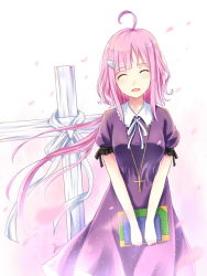 10s 1girl closed_eyes cross cross_necklace dress female_focus gakkou_gurashi! grave highres jewelry long_hair necklace phusit pink_hair purple_dress ribbon sakura_megumi solo spoilers white_ribbon