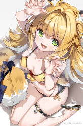 1girl animal_ear_fluff animal_ears bikini black_bikini blonde_hair blush breasts claw_pose colored_inner_hair commentary_request fingernails from_above green_eyes hair_intakes highres hong_(white_spider) ju_fufu long_hair looking_at_viewer medium_breasts multicolored_hair navel open_mouth sitting skindentation smile solo striped_fur striped_hair swimsuit tail thigh_strap tiger_ears tiger_girl tiger_stripes tiger_tail wariza yellow_bikini zenless_zone_zero