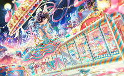 Rule 34 | 1girl, absurdly detailed composition, aircraft, amusement park, animal ears, back, back cutout, balloon, blue dress, blue eyes, blue shoes, bow, breasts, brown hair, choker, clothing cutout, colorful, commentary, commentary request, complex exterior, dress, english commentary, ferris wheel, flower balloon, frilled dress, frilled gloves, frilled umbrella, frills, from side, full body, garter straps, gloves, hair ribbon, heart, heart balloon, high heels, highres, holding, holding umbrella, hot air balloon, jewelry, kaze-hime, layered dress, lens flare, long hair, looking at viewer, looking to the side, medium breasts, moon, night, on railing, original, outdoors, parted lips, partial commentary, pikkorin bunny (kaze-hime), puffy short sleeves, puffy sleeves, rabbit ears, railing, ribbon, roller coaster, scenery, shoes, short sleeves, sitting, solo, star (symbol), stuffed animal, stuffed rabbit, stuffed toy, teddy bear, tent, thighhighs, tiara, umbrella, white gloves, white thighhighs, winding key, yume kawaii