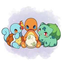 Rule 34 | blush, bulbasaur, charmander, claws, egg, fire, gen 1 pokemon, highres, holding, looking down, nintendo, open mouth, pokemon, sevi (seviyummy), shell, sitting, smile, squirtle