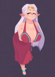 1girl breasts cleavage covered_erect_nipples female_focus full_body highres huge_breasts impa long_hair looking_at_viewer nintendo pink_eyes pointy_ears sandals simple_background solo soul_art12 the_legend_of_zelda toes white_hair