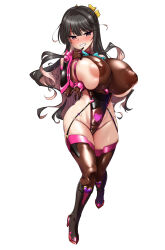 1girl black_boots black_hair blush boots breasts brown_gloves cleavage colored_inner_hair covered_erect_nipples eyebrows_hidden_by_hair finger_to_own_chin fishnet_gloves fishnet_thighhighs fishnets full_body garter_belt gloves grin groin hair_ribbon highres huge_breasts inverted_nipples kantai_collection large_areolae large_variant_set lips long_hair looking_at_viewer multicolored_hair naganami_(kancolle) open_mouth pink_hair pubic_tattoo ribbon smile solo super_highleg taimanin_suit tattoo teeth thighhighs vambraces variant_set yellow_eyes yellow_ribbon yoshi_tama