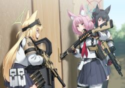 Rule 34 | 3girls, animal ears, assault rifle, ballistic shield, black hair, blonde hair, blue archive, blue eyes, blue halo, blue sky, ear protection, eotech, fox ears, fox girl, fox platoon (blue archive), green halo, gun, h&amp;k hk416, h&amp;k ump, halo, handgun, henshako, holster, kurumi (blue archive), laser sight, long hair, multiple girls, muzzle device, neckerchief, niko (blue archive), outdoors, pink hair, pump action, red eyes, red halo, red neckerchief, remington 870, rifle, school uniform, serafuku, shield, short hair, shotgun, shotgun shell, skirt, sky, snow goggles, submachine gun, suppressor, training, tree, vertical foregrip, weapon, wooden door, wooden wall, yukino (blue archive)