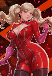 1girl blonde_hair blue_eyes bodysuit breasts bulge cowboy_shot exlic falling_petals futanari hair_ornament hairclip highres holding holding_whip large_breasts looking_at_viewer panther_(persona_5) persona persona_5 petals red_background red_bodysuit solo takamaki_anne twintails whip