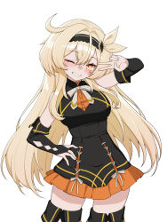 1girl bare_shoulders black_dress black_hairband blonde_hair blush boots bow breasts bridal_gauntlets brokan715 dress gloves grin hairband hand_on_own_hip highres idol large_breasts long_hair looking_at_viewer one_eye_closed orange_eyes selestia_(vrchat) simple_background smile solo thigh_boots thighhighs transparent_background v vrchat white_background white_bow yellow_eyes
