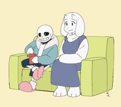 1boy 1girl animal_ears animated animated_gif beige_background blush couch dress facepalm fang food furry furry_female goat_ears goat_girl goat_horns hood hoodie horns laughing monster_boy monster_girl neruco open_clothes open_hoodie pocky pocky_day pocky_kiss sans_(undertale) shared_food simple_background sitting skeleton slippers smile toriel undertale
