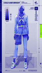 1girl absurdres arrow_(symbol) belt blue_coat blue_eyes blue_pants blue_skin chest_belt chinese_commentary closed_mouth coat collared_coat colored_skin commentary_request crossed_belts earrings english_text expressionless full_body graph grey_background grey_shoes high_heels highres hoop_earrings jewelry lapels long_hair long_sleeves mrmeinn multiple_belts notched_lapels o-ring o-ring_belt original pants poster_(medium) pumps purple_hair shadow shoe_belt shoes solo straight-on straight_hair tachi-e thick_lips white_belt
