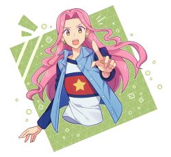 1girl blue_shirt blue_vest digimon digimon_adventure_-beyond- four-leaf_clover_earrings green_background grey_background long_hair momofukki pink_hair pointing pointing_at_viewer print_shirt red_shirt shirt simple_background solo star_(symbol) star_print tachikawa_mimi upper_body vest white_shirt yellow_eyes