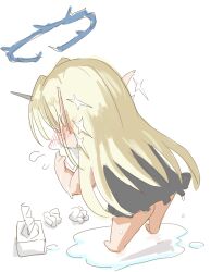 1girl black_dress blonde_hair blowing_nose blush chibi chibi_only commentary_request crown_of_thorns cyk_(cyk451) dress fleurdelys_(wuthering_waves) from_behind horns pointy_ears puddle single_horn solo tissue tissue_box used_tissue wet white_background wuthering_waves