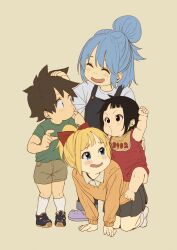 1boy 3girls :d aged_down aqua_(konosuba) baby blush bow brown_background brown_shorts child darkness_(konosuba) dress green_shirt hair_bow hair_bun happy headpat highres izawa_(bhive003) kono_subarashii_sekai_ni_shukufuku_wo! megumin multiple_girls open_mouth orange_shirt pleated_skirt red_bow red_dress satou_kazuma shirt shoes short_hair shorts simple_background skirt smile socks