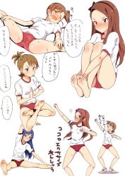 4girls blue_hair blush brown_hair buruma feet futami_ami futami_mami green_scrunchie gym_shirt gym_uniform hair_ornament hair_scrunchie idolmaster idolmaster_(classic) kisaragi_chihaya lotus_position minase_iori multiple_girls no.gomensu red_buruma scrunchie shirt siblings soles spread_legs stretching sweat toes twins yellow_scrunchie yoga