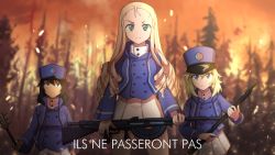 10s andou_(girls_und_panzer) automatic_rifle battlefield_(series) battlefield_1 bc_freedom_military_uniform blonde_hair blue_jacket chauchat closed_mouth drill_hair fire forest frown girls_und_panzer girls_und_panzer_saishuushou green_eyes gun hat highres jacket light_machine_gun long_hair long_sleeves looking_at_viewer machine_gun marie_(girls_und_panzer) multiple_girls nature oshida_(girls_und_panzer) outdoors rifle shirt sinensian standing weapon