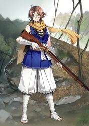 1girl ahoge arm_at_side bandaged_arm bandaged_foot bandaged_hand bandaged_leg bandages bare_shoulders bead_necklace beads blue_kimono breasts brown_eyes brown_hair chest_sarashi closed_mouth fate/grand_order fate_(series) full_body game_cg gun hair_between_eyes hand_up holding holding_gun holding_weapon japanese_clothes jewelry kimono legs_apart long_hair_between_eyes looking_at_viewer medium_breasts multiple_scars musket necklace official_art pants parted_bangs puffy_pants rifle sarashi sash scar scar_on_arm scar_on_face scar_on_nose scar_on_shoulder scarf short_hair sleeveless sleeveless_kimono smile solo standing sugitani_zenjubou_(fate) sugitani_zenjubou_(first_ascension)_(fate) takenaka_hideo third-party_source toes tomboy trigger_discipline variant_set waist_sash weapon white_pants white_sash yellow_scarf
