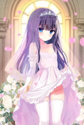 1girl bare_shoulders blue_eyes blurry blurry_background blush breasts bride closed_mouth clothes_lift collarbone commentary_request depth_of_field dress dress_lift elbow_gloves flower frilled_dress frills gloves gluteal_fold groin highres indoors jewelry lifting_own_clothes necklace no_panties original pearl_necklace petals purple_hair shiwasu_horio small_breasts smile solo strapless strapless_dress thighhighs tiara veil wedding_dress white_dress white_flower white_thighhighs window