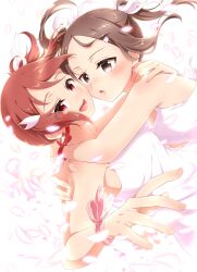 2girls :d bare_arms blush brown_eyes brown_hair d: dress eda_udon floating_hair hair_ornament hair_ribbon hairclip highres long_hair looking_at_another miyoshi_karin multiple_girls open_mouth parted_bangs pink_ribbon red_eyes red_hair red_ribbon ribbon side_ponytail simple_background sleeveless sleeveless_dress smile sundress twintails white_background white_dress white_ribbon wrist_ribbon yuuki_yuuna yuuki_yuuna_wa_yuusha_de_aru yuusha_de_aru