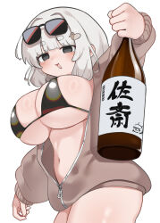 Rule 34 | 1girl, absurdres, alcohol, bikini, black bikini, black eyes, blunt bangs, blush, bottle, breasts, brown jacket, cowboy shot, drunk, eyewear on head, grey hair, hair ornament, highres, holding, holding bottle, huge breasts, jacket, large breasts, long sleeves, looking at viewer, navel, open clothes, open jacket, open mouth, original, sake bottle, sazai z, short eyebrows, simple background, smile, solo, sunglasses, swimsuit, thick eyebrows, white background, white hair