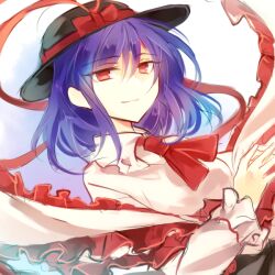 Rule 34 | 1girl, black hat, bow, capelet, closed mouth, commentary request, frilled capelet, frilled shawl, frills, hat, hat bow, kutsuki kai, long sleeves, looking at viewer, nagae iku, one-hour drawing challenge, purple hair, red bow, red eyes, shawl, short hair, solo, touhou, upper body